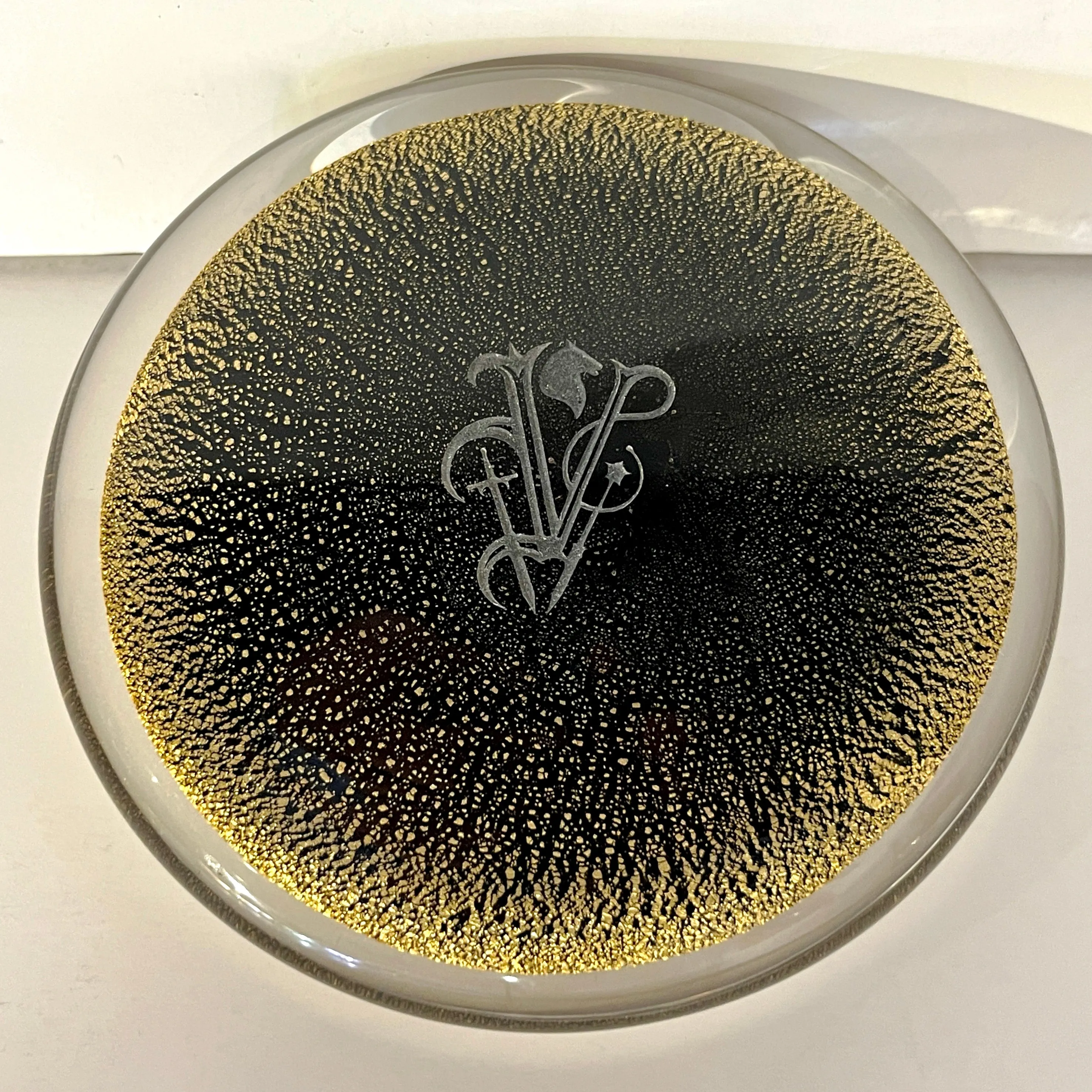 1980 Italian Crystal & Black Murano Glass Round Box Worked with 24Kt Gold Dust
