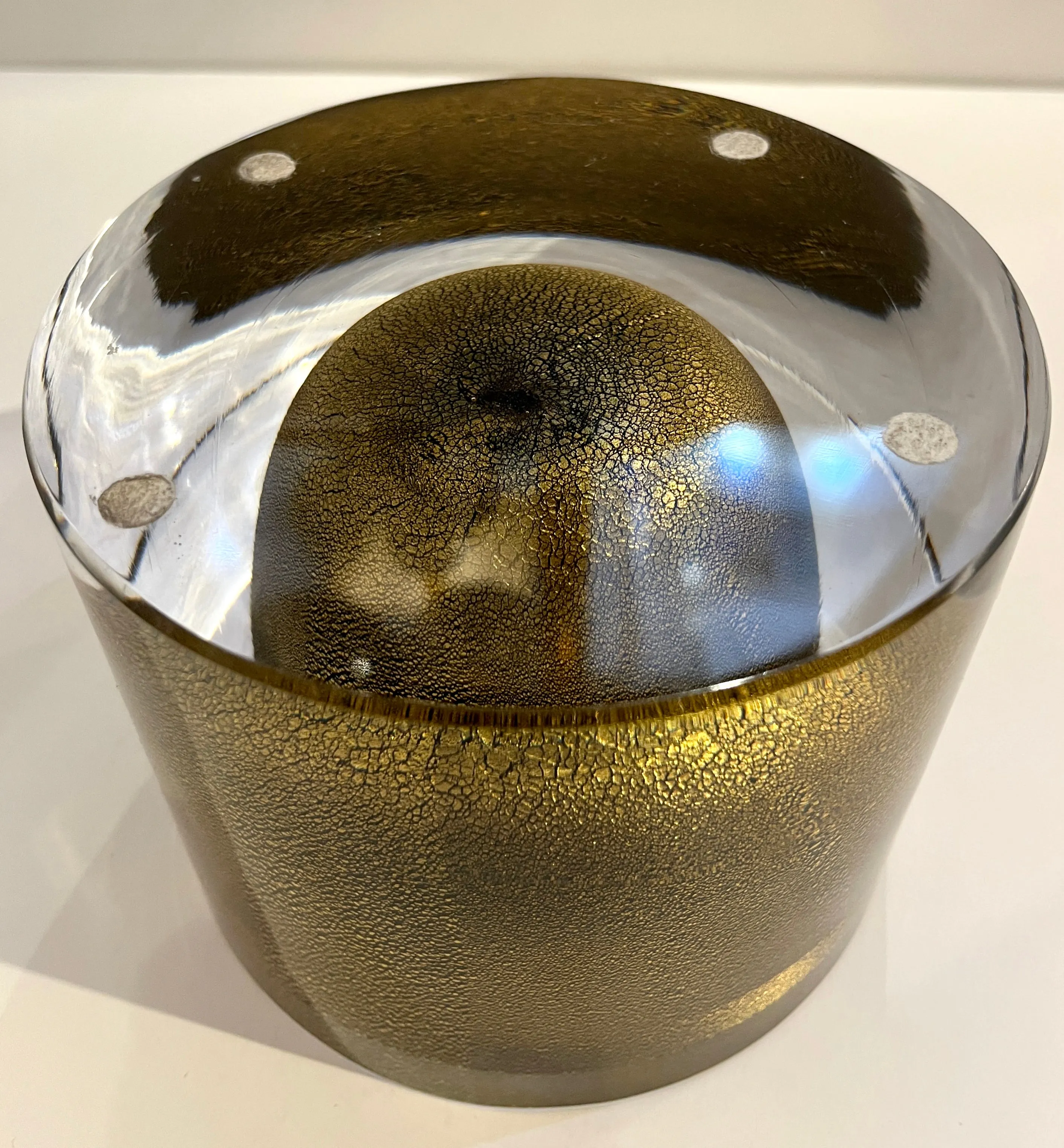 1980 Italian Crystal & Black Murano Glass Round Box Worked with 24Kt Gold Dust