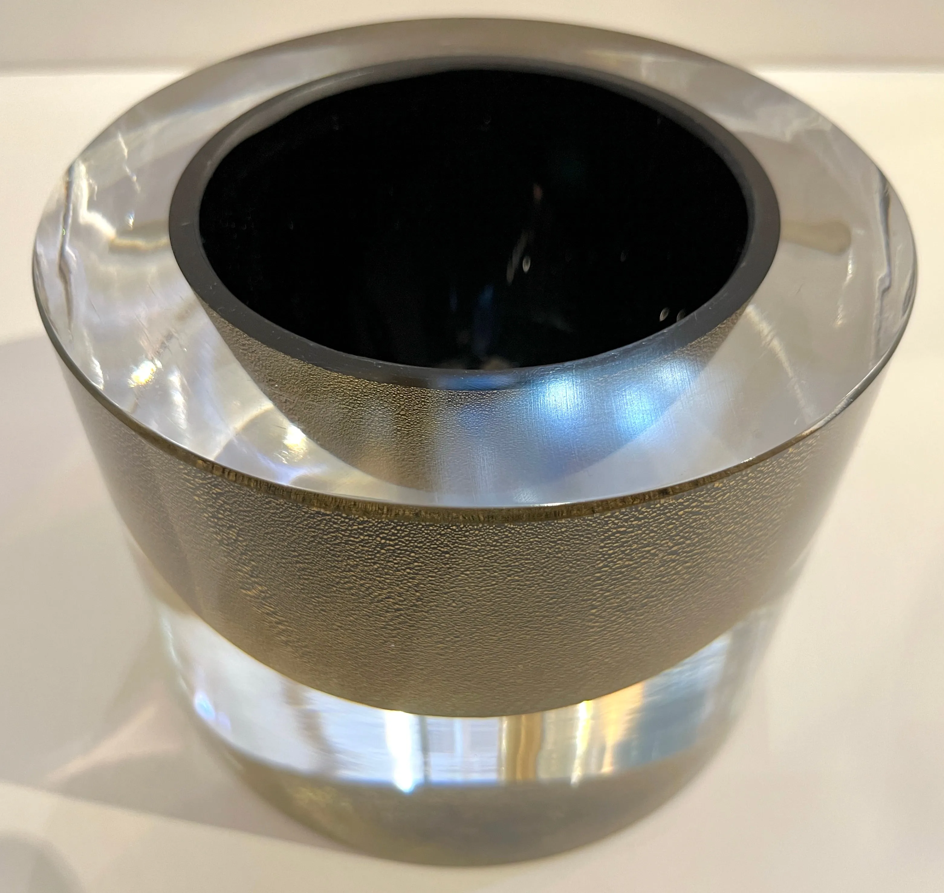 1980 Italian Crystal & Black Murano Glass Round Box Worked with 24Kt Gold Dust