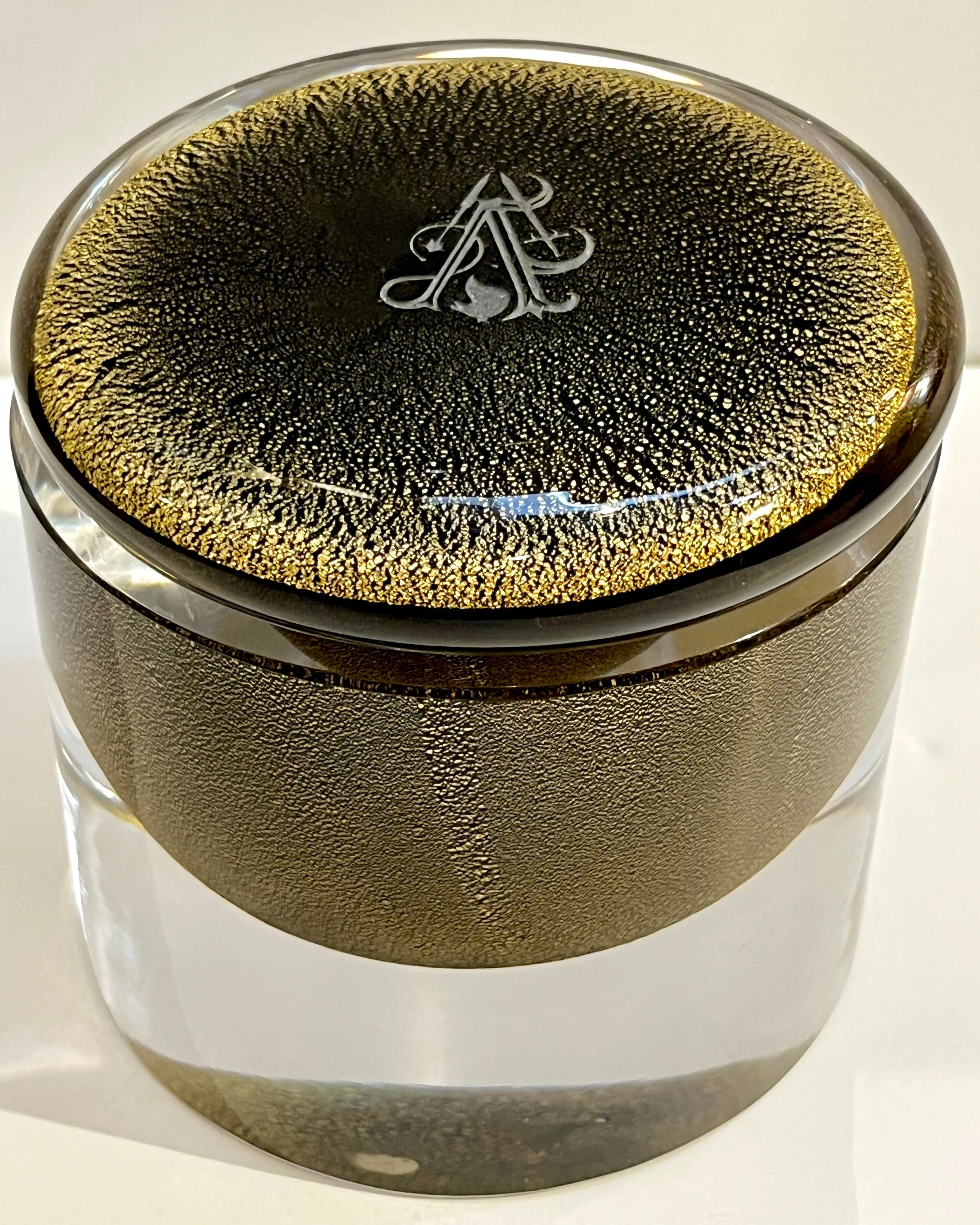 1980 Italian Crystal & Black Murano Glass Round Box Worked with 24Kt Gold Dust