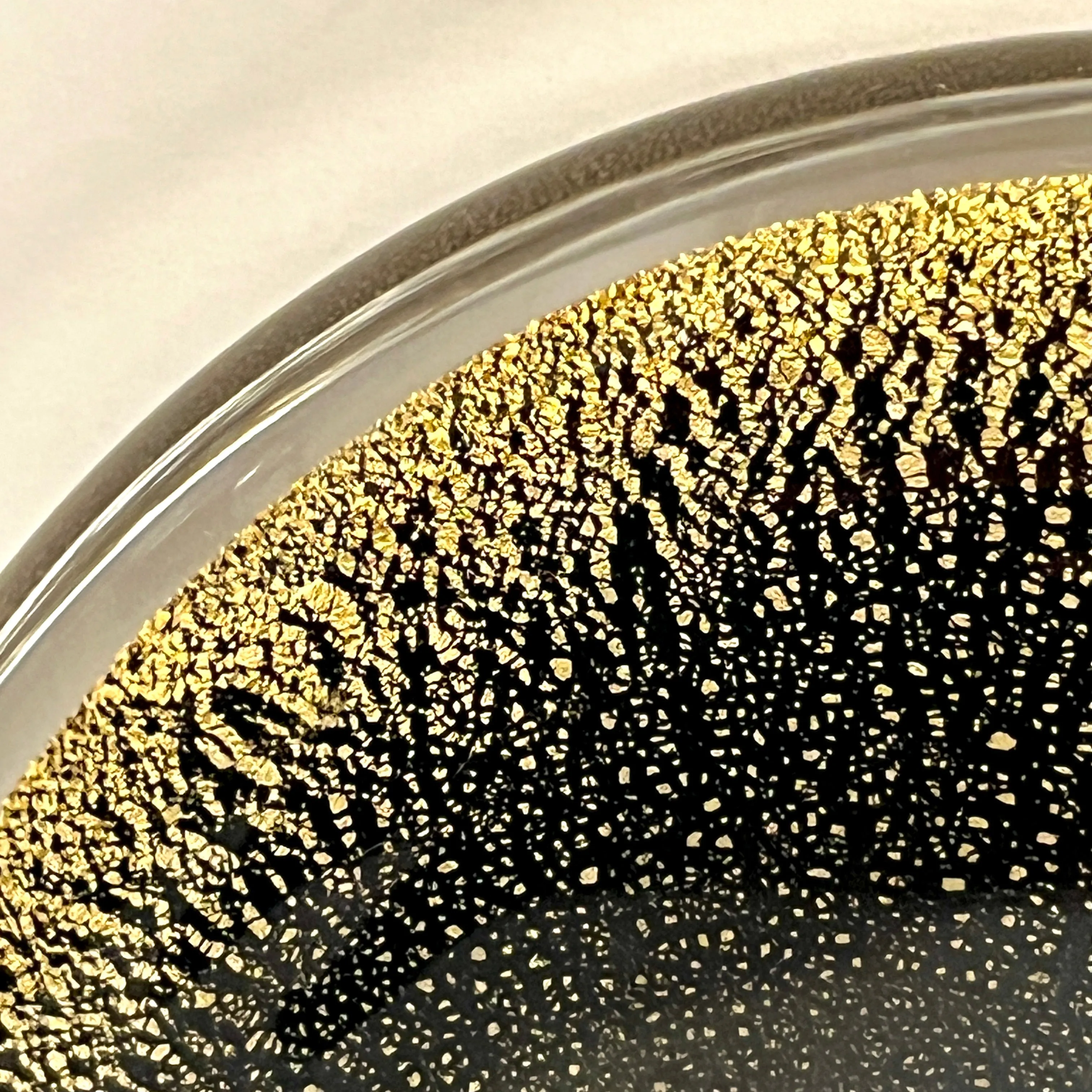 1980 Italian Crystal & Black Murano Glass Round Box Worked with 24Kt Gold Dust