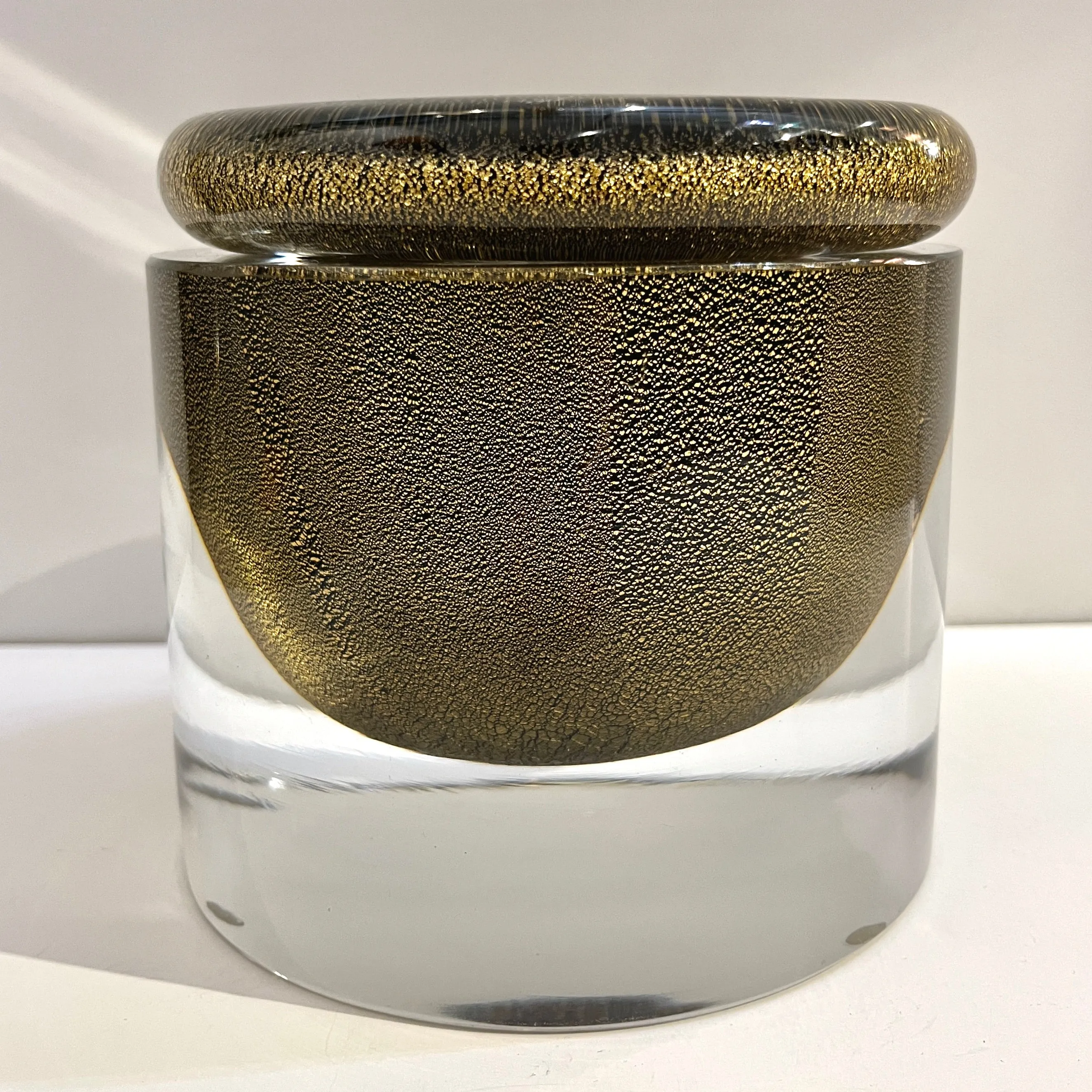 1980 Italian Crystal & Black Murano Glass Round Box Worked with 24Kt Gold Dust