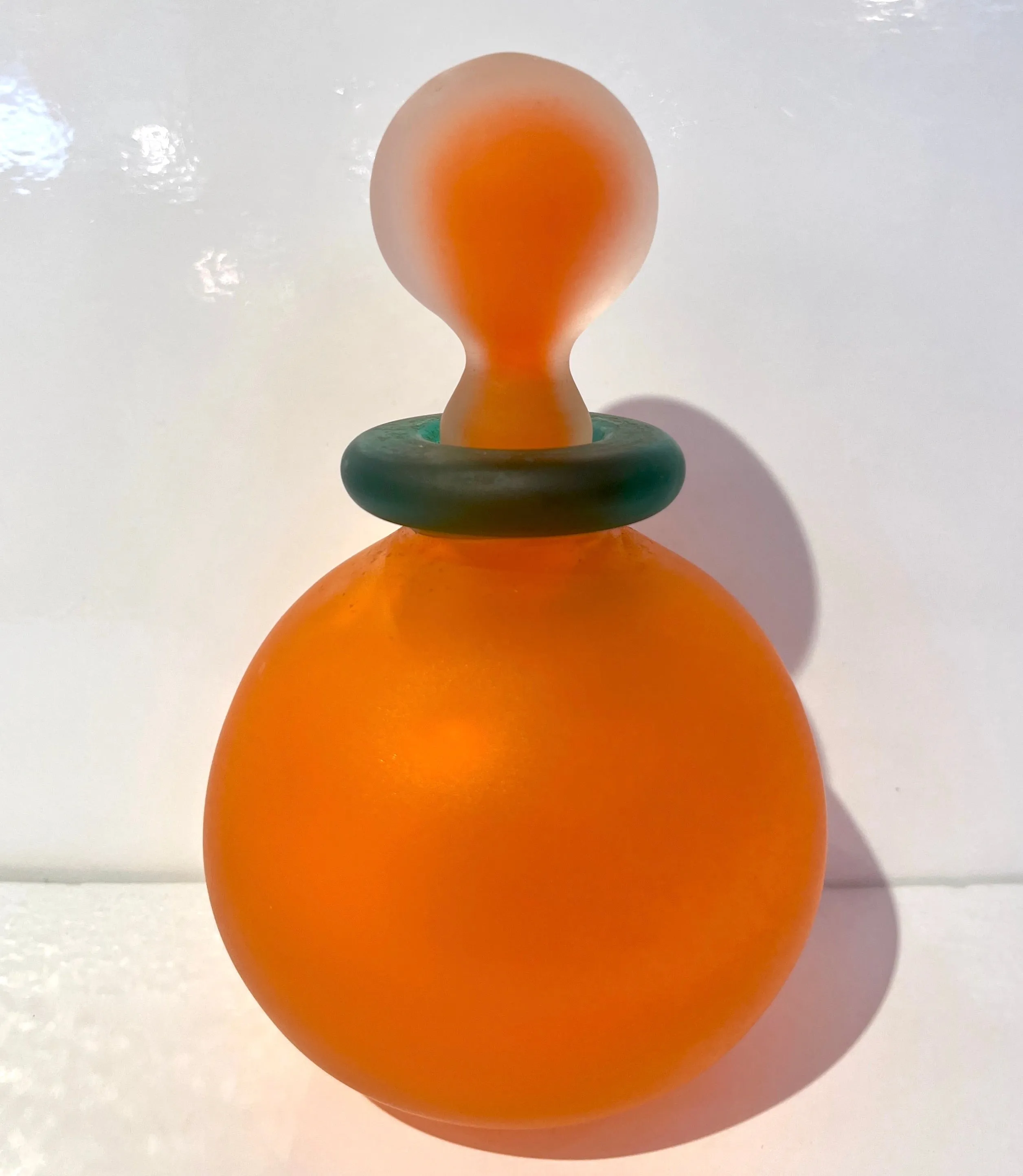 1980s Italian Art Crystal Orange Green Frosted Murano Glass Bottle with Stopper 