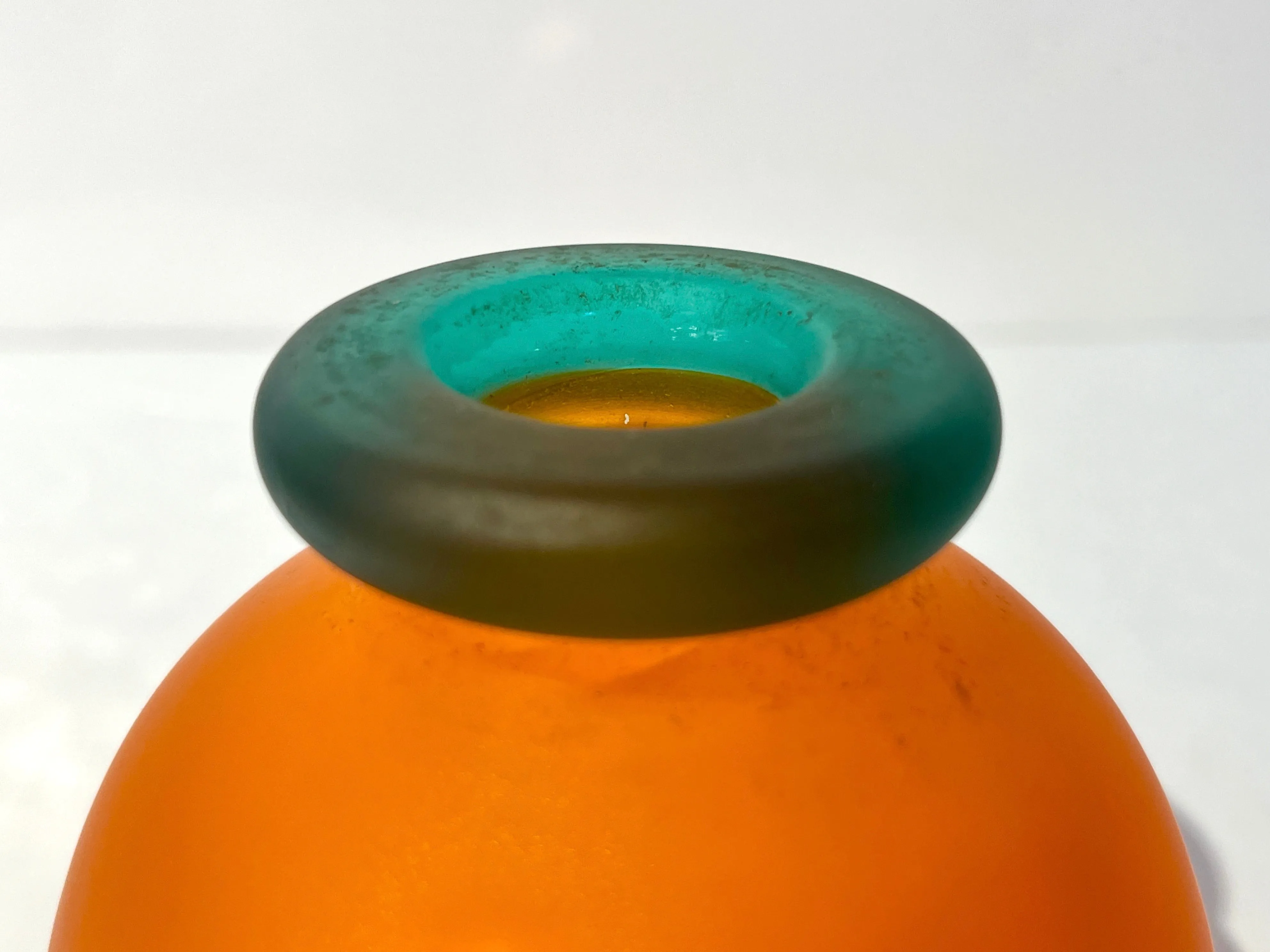 1980s Italian Art Crystal Orange Green Frosted Murano Glass Bottle with Stopper
