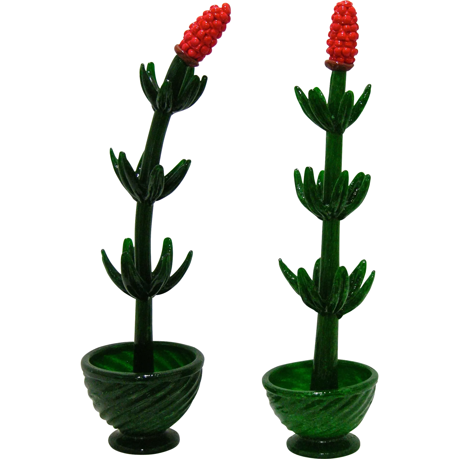 1980s Italian Organic Green Murano Glass Potted Plant with Red Flower 