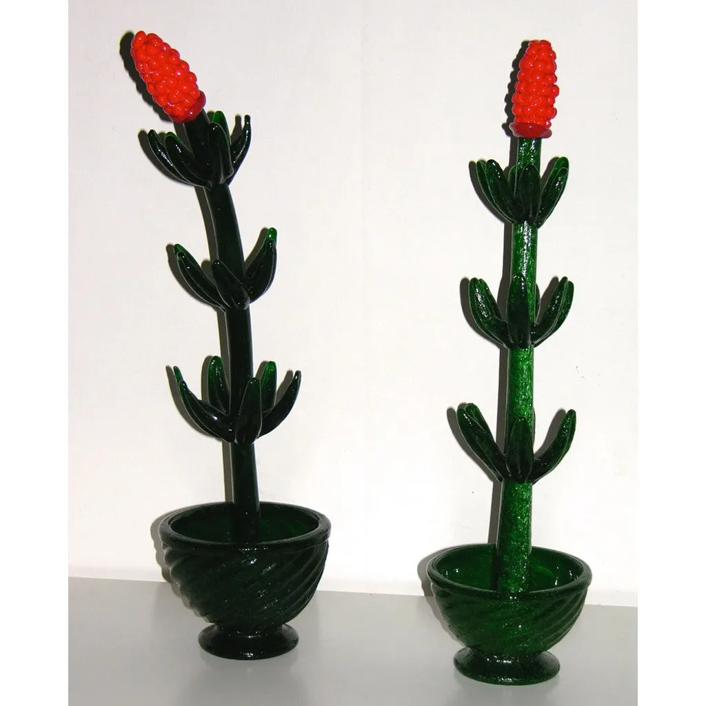 1980s Italian Organic Green Murano Glass Potted Plant with Red Flower