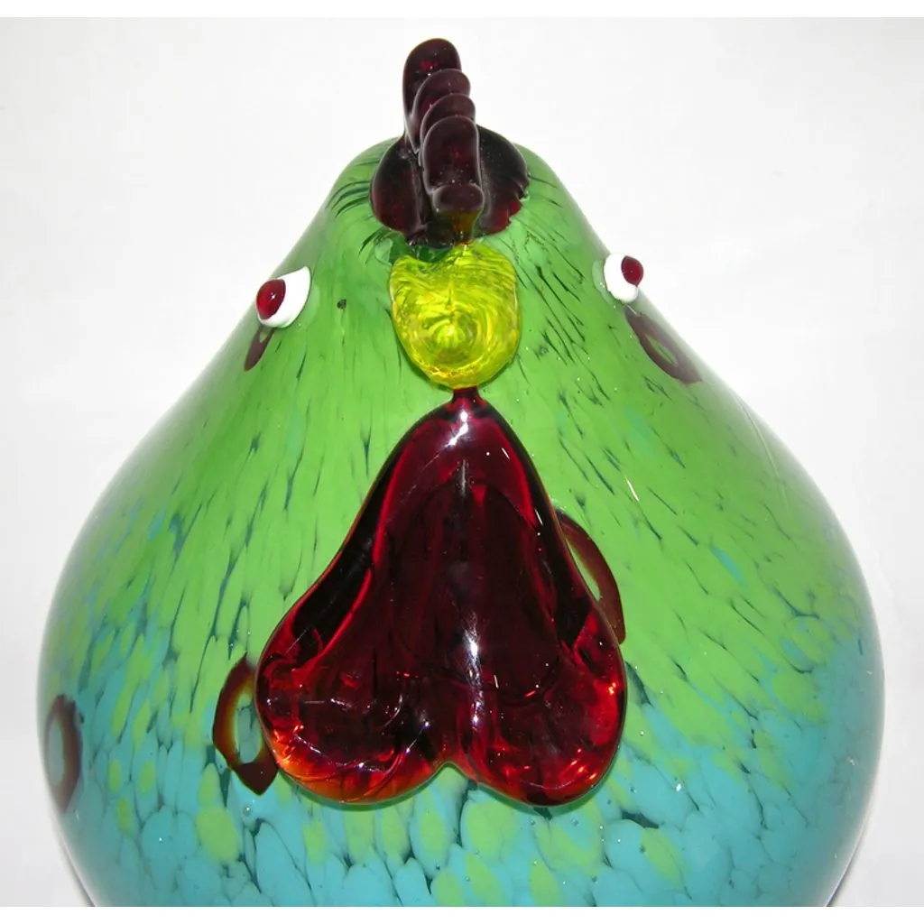 1980s Italian Turquoise Blue and Green Murano Glass Round Rooster Sculpture