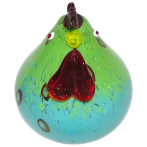1980s Italian Turquoise Blue and Green Murano Glass Round Rooster Sculpture 