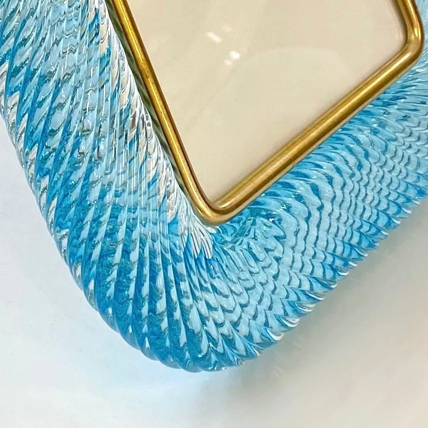 1980s Italian Vintage Aquamarine Blue Twisted Murano Glass & Brass Picture Frame