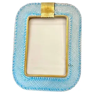 1980s Italian Vintage Aquamarine Blue Twisted Murano Glass & Brass Picture Frame 