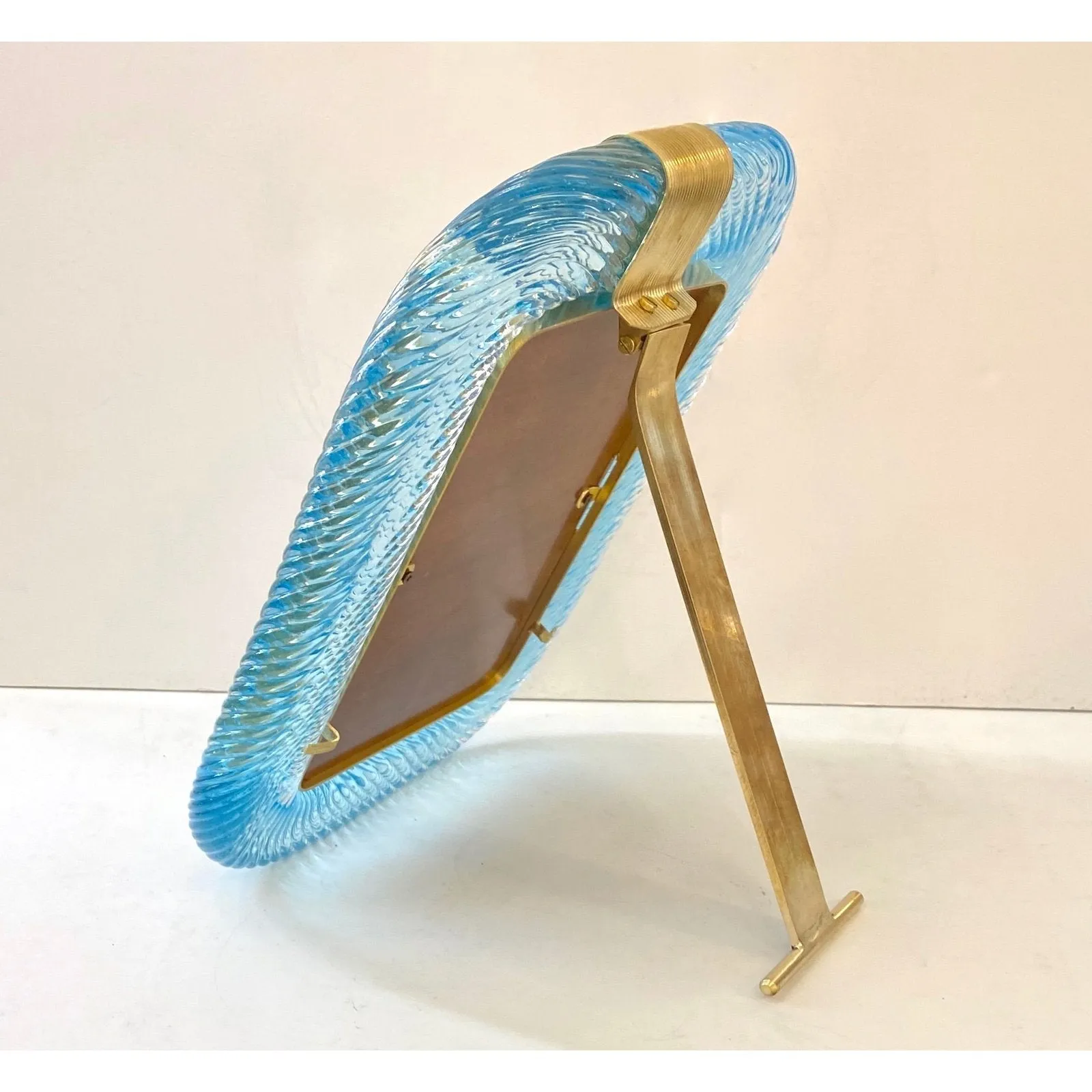 1980s Italian Vintage Aquamarine Blue Twisted Murano Glass & Brass Picture Frame