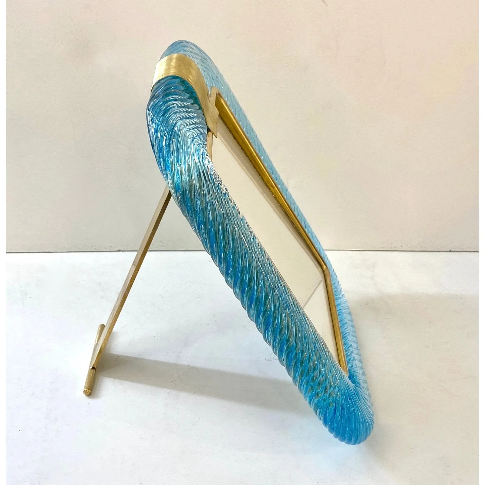 1980s Italian Vintage Aquamarine Blue Twisted Murano Glass & Brass Picture Frame