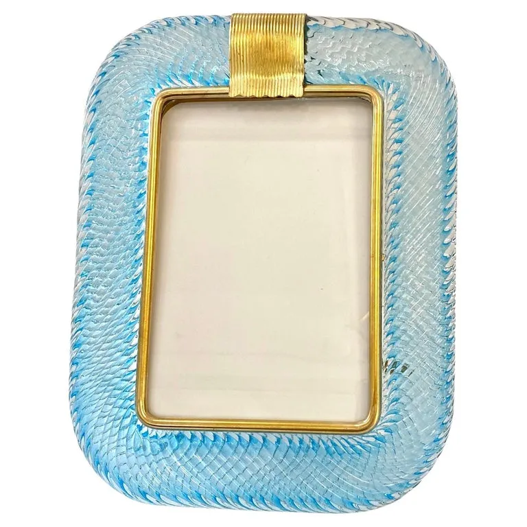 1980s Italian Vintage Aquamarine Blue Twisted Murano Glass & Brass Picture Frame 
