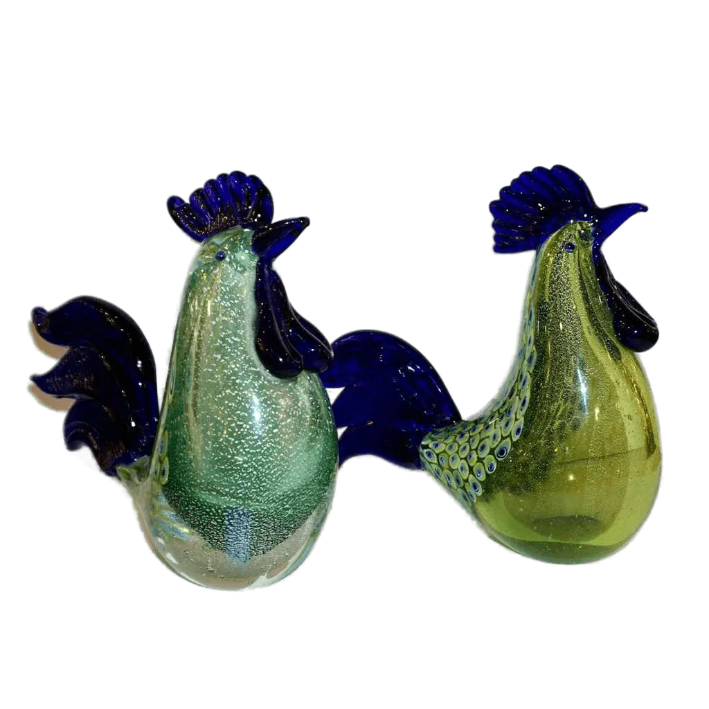 1980s Pair of Italian Vintage Silver Navy Blue Green Murano Art Glass Hen Bird Sculptures 