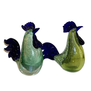 1980s Pair of Italian Vintage Silver Navy Blue Green Murano Art Glass Hen Bird Sculptures 
