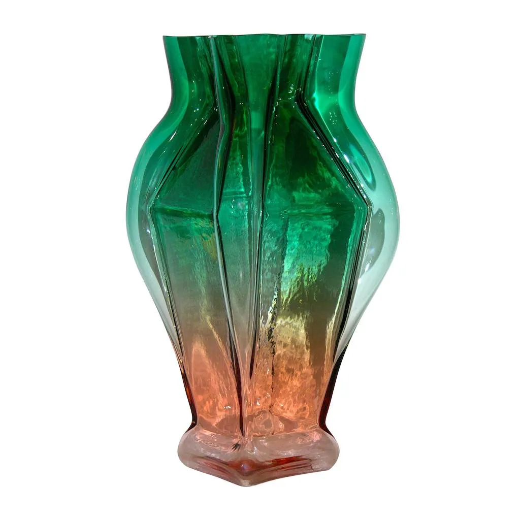 1980s Toni Zuccheri for Venini Green and Orange Murano Glass Vase 
