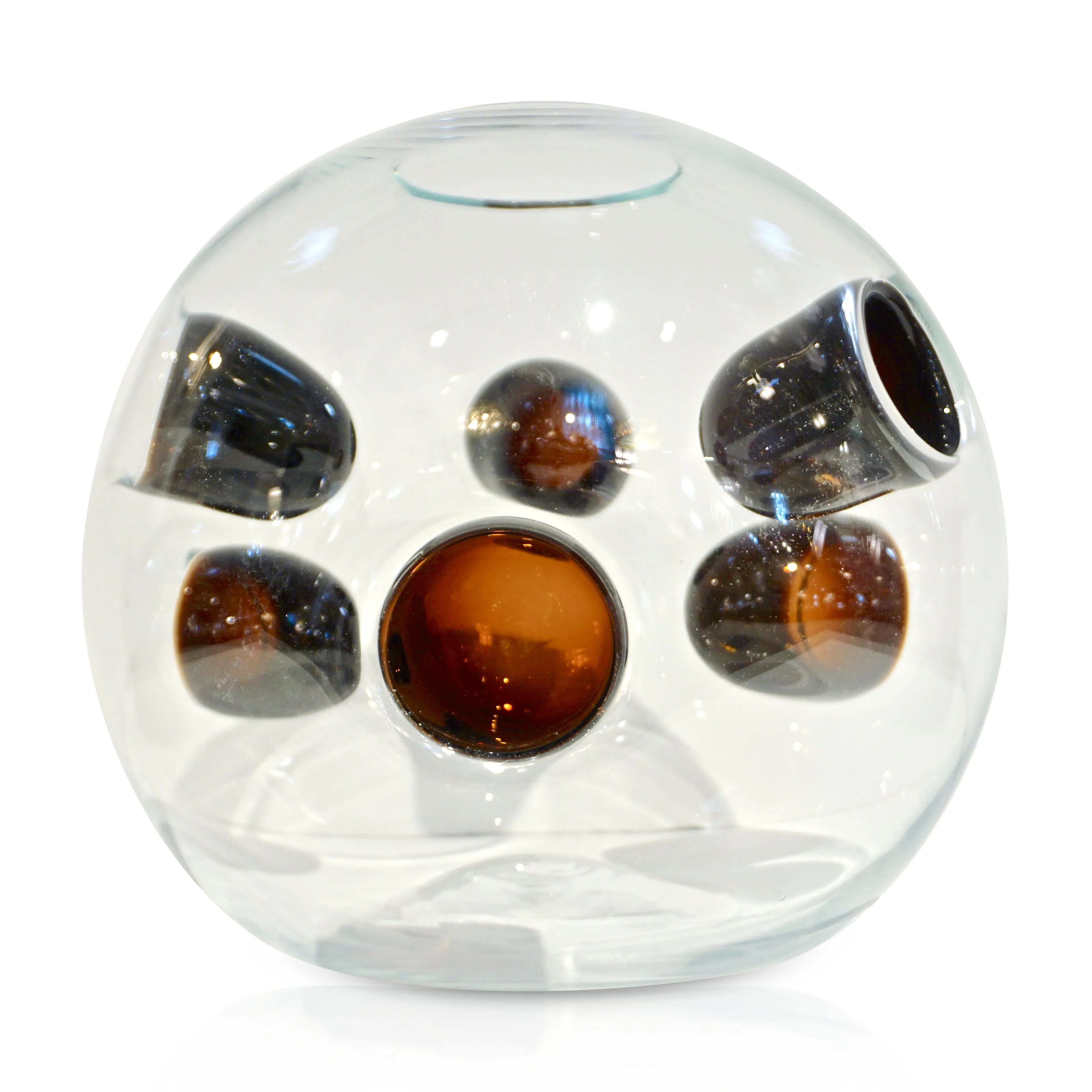 1980s Vistosi Organic Dark Brown Black & Crystal Murano Glass Round Vase 