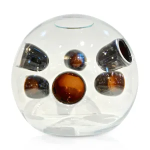 1980s Vistosi Organic Dark Brown Black & Crystal Murano Glass Round Vase 