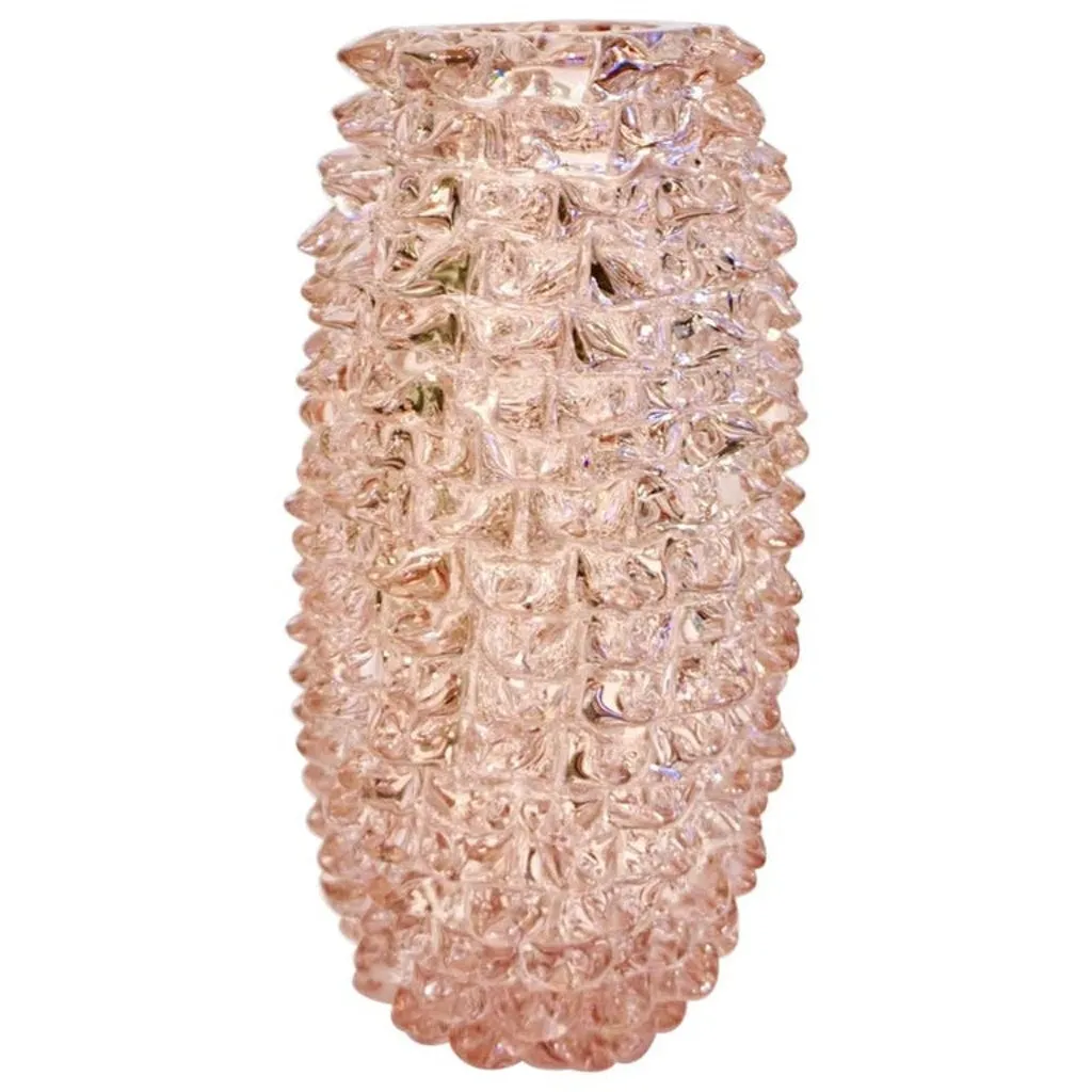 1980s Vivarini Italian Large Vintage Pink Rostrato Spike Murano Glass Ovoid Vase 
