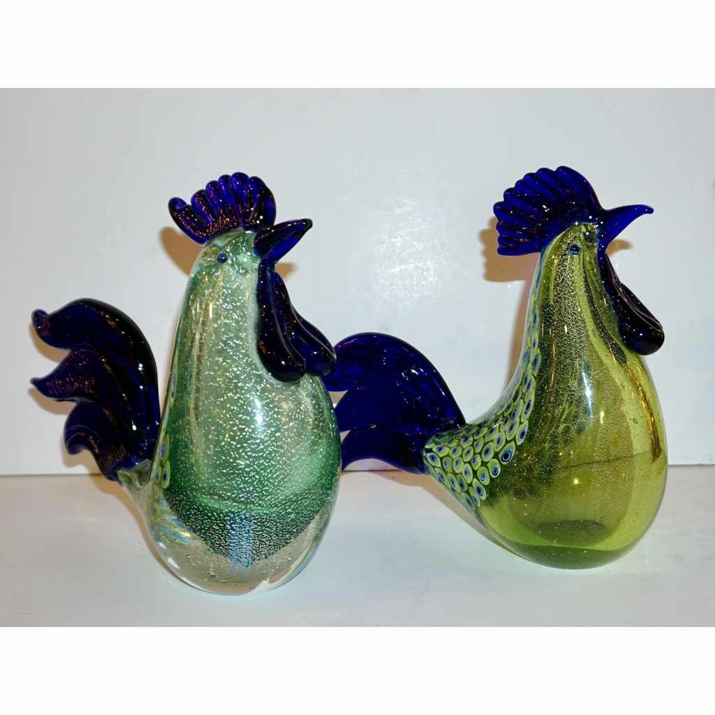 1980s Italian Vintage Silver Navy Blue Green Murano Art Glass Hen Bird Sculpture