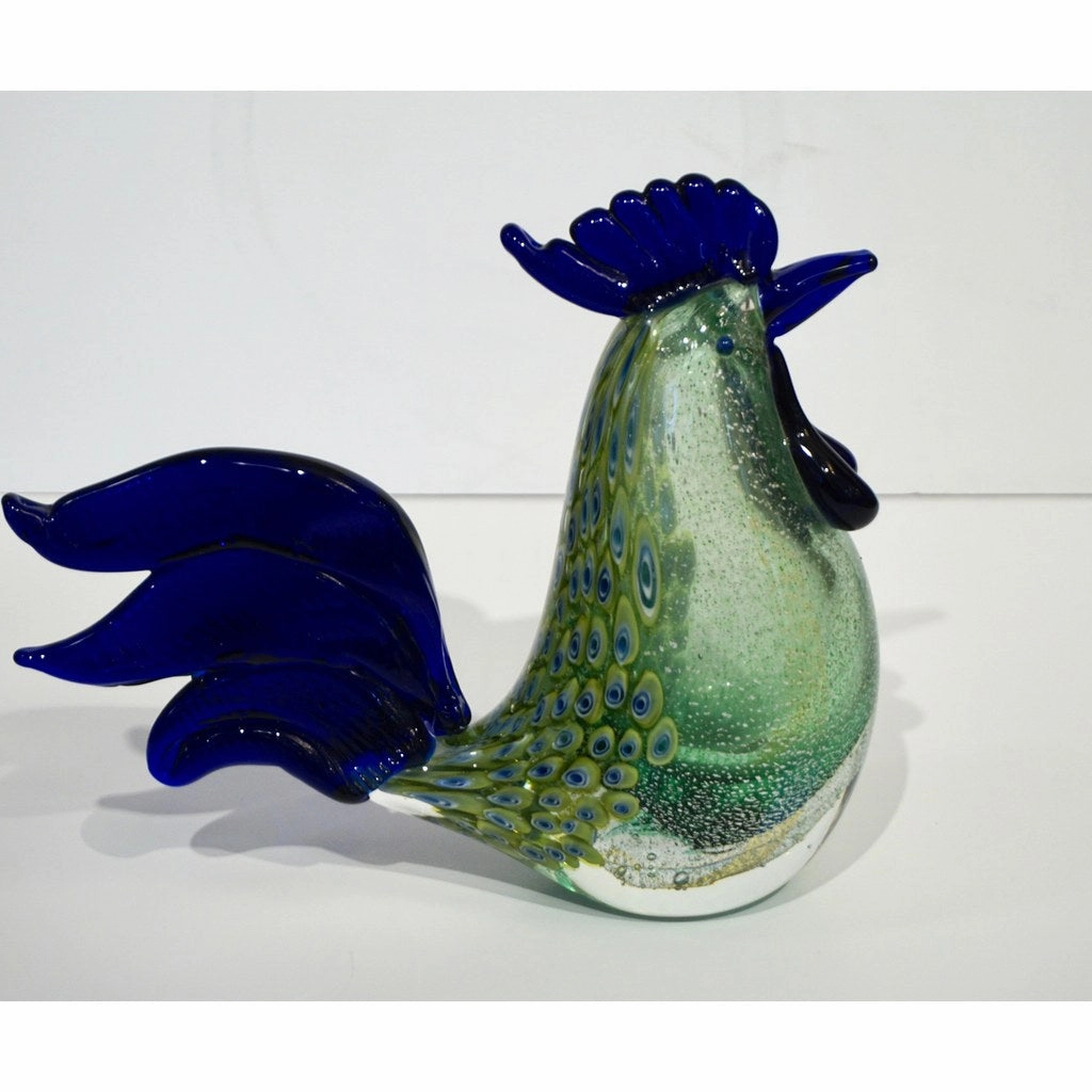 1980s Italian Vintage Silver Navy Blue Green Murano Art Glass Hen Bird Sculpture