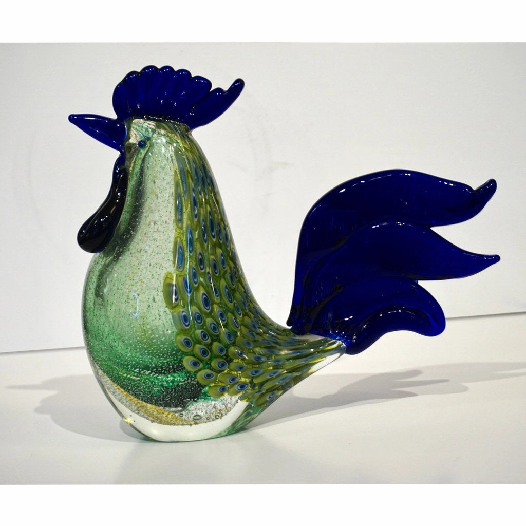 1980s Italian Vintage Silver Navy Blue Green Murano Art Glass Hen Bird Sculpture 