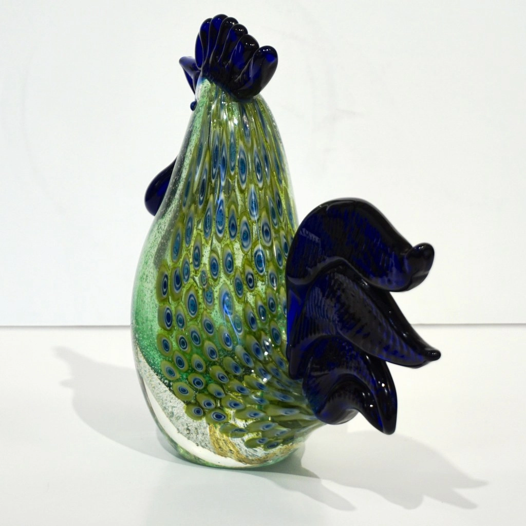 1980s Italian Vintage Silver Navy Blue Green Murano Art Glass Hen Bird Sculpture