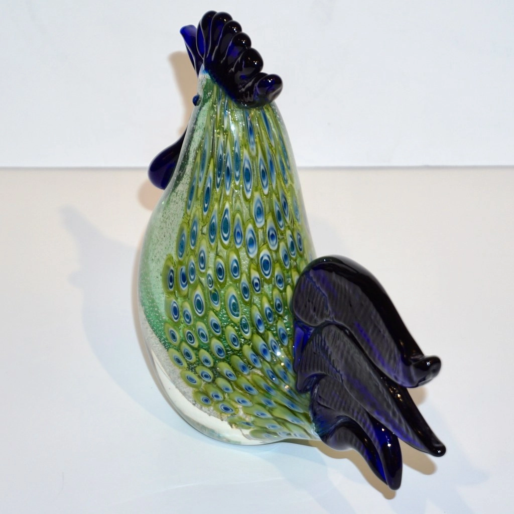 1980s Italian Vintage Silver Navy Blue Green Murano Art Glass Hen Bird Sculpture