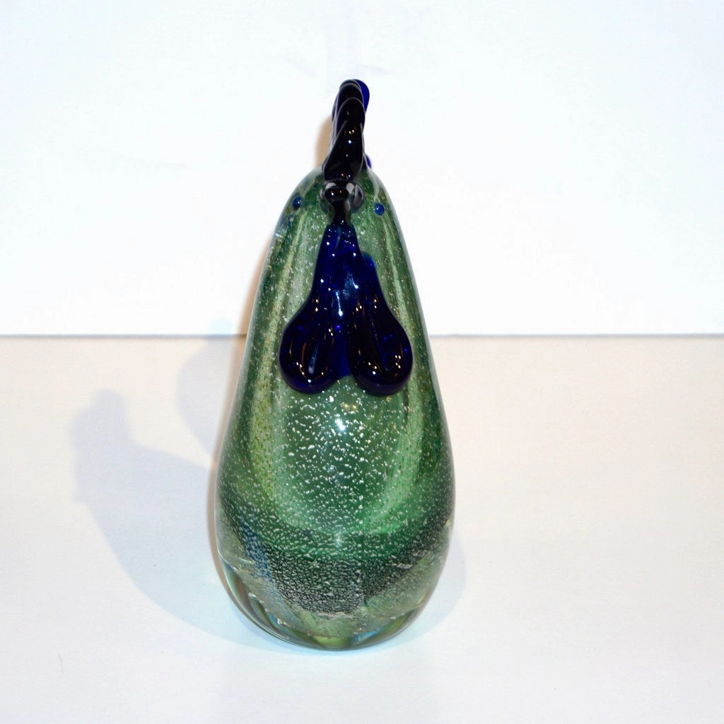 1980s Italian Vintage Silver Navy Blue Green Murano Art Glass Hen Bird Sculpture