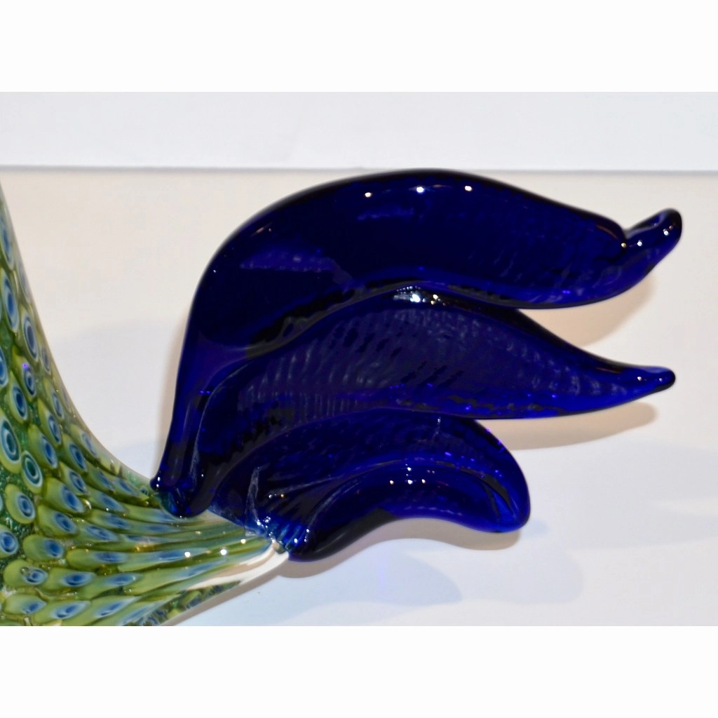 1980s Italian Vintage Silver Navy Blue Green Murano Art Glass Hen Bird Sculpture