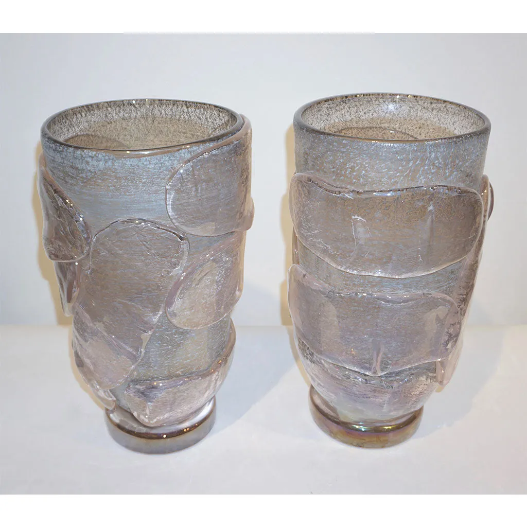 1990s Costantini Italian Pair of Silver Gray Pink Murano Alexandrite Glass Vases