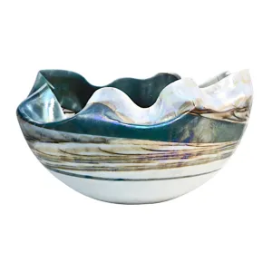 1990s Italian Blue and Mother-of-Pearl White Murano Glass Iridescent Shell Bowl 