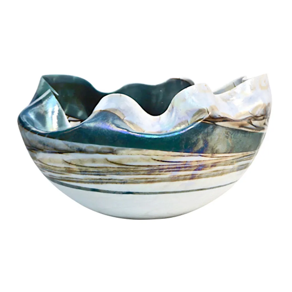 1990s Italian Blue and Mother-of-Pearl White Murano Glass Iridescent Shell Bowl 