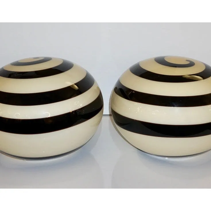 1990s Italian Mid-Century Modern Pair of Brown & Cream Globe Sphere Glass Lamps