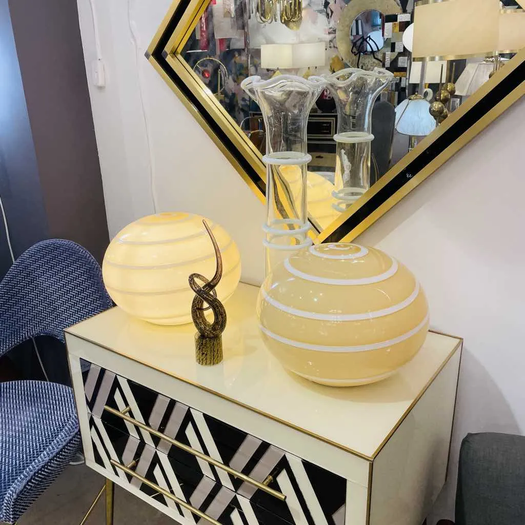 1990s Italian Mid-Century Modern Pair of Brown & Cream Globe Sphere Glass Lamps