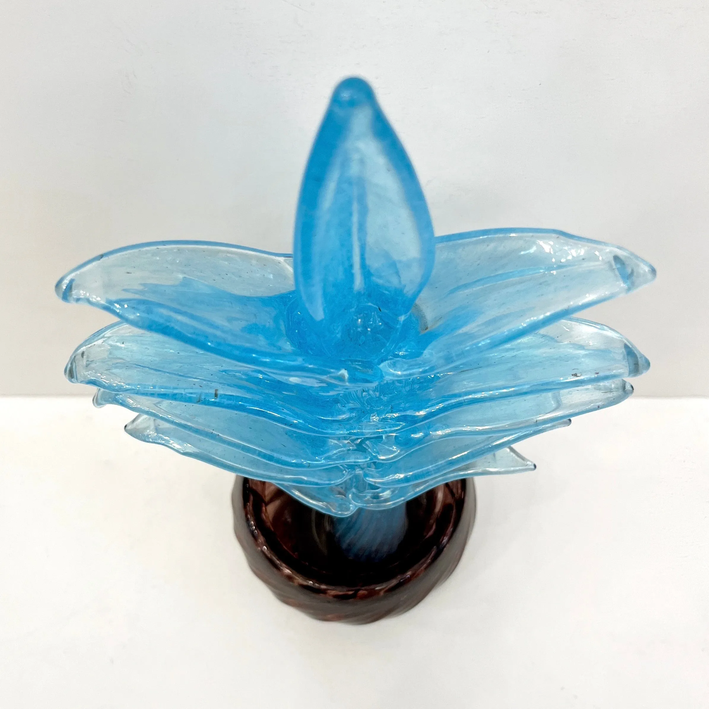 1990s Italian Sky Blue Leaves Murano Art Glass Cactus Plant in Purple Pot