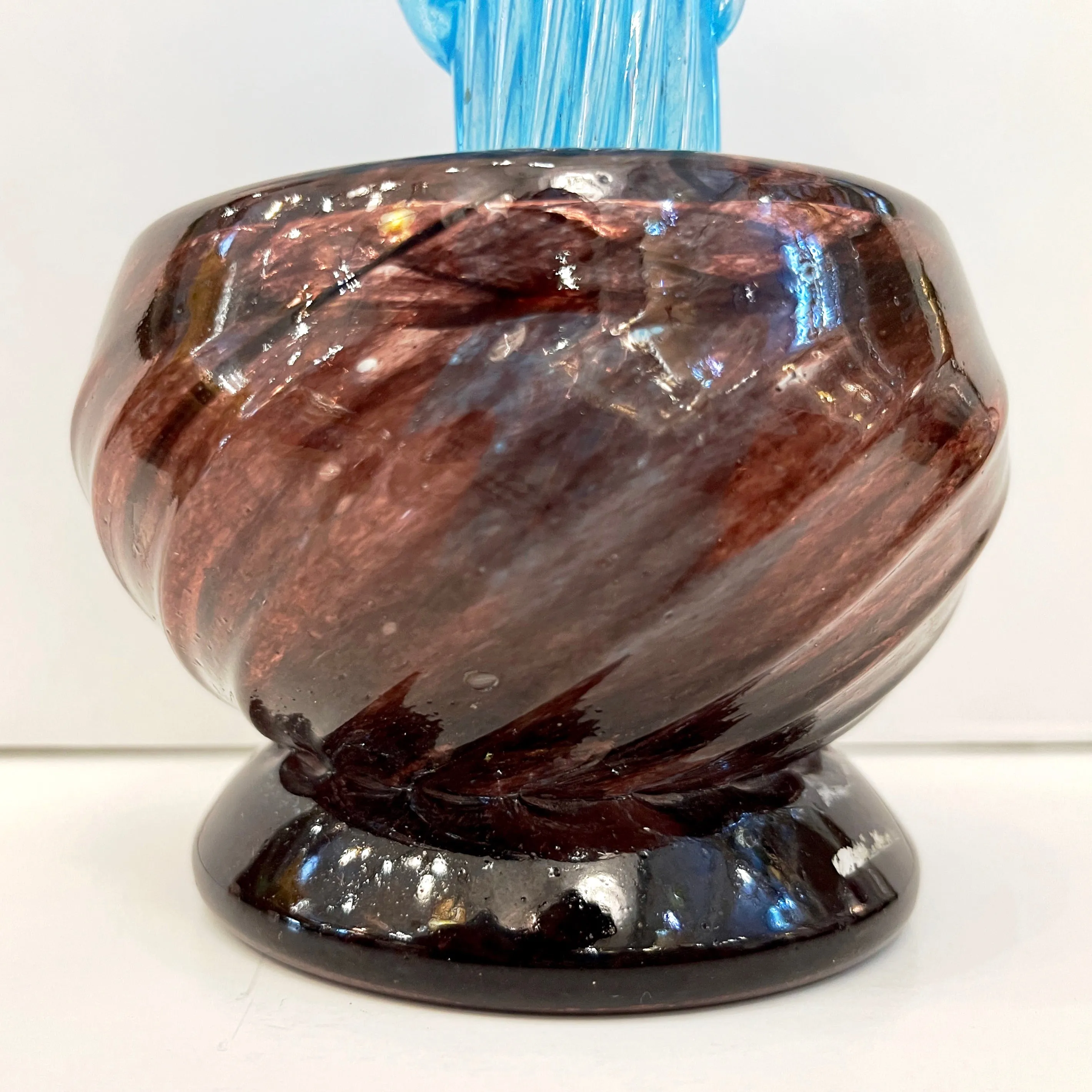 1990s Italian Sky Blue Leaves Murano Art Glass Cactus Plant in Purple Pot