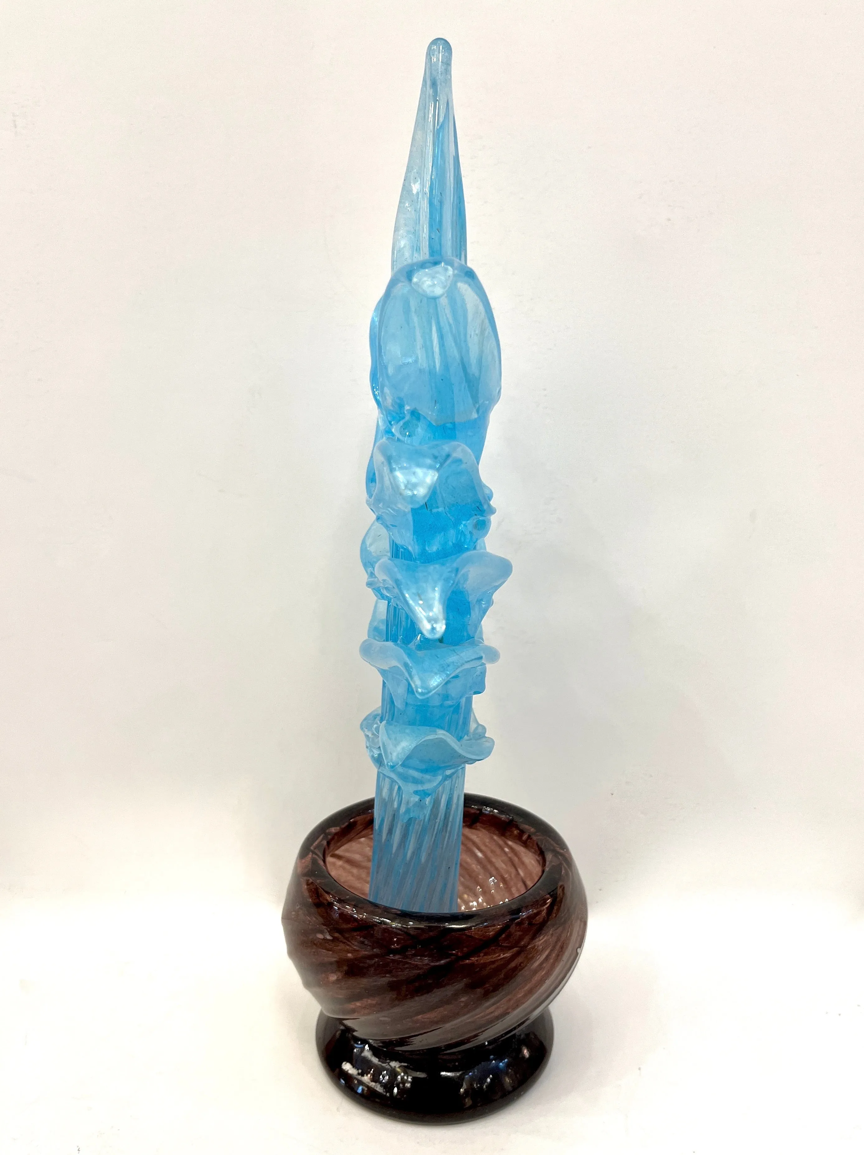 1990s Italian Sky Blue Leaves Murano Art Glass Cactus Plant in Purple Pot