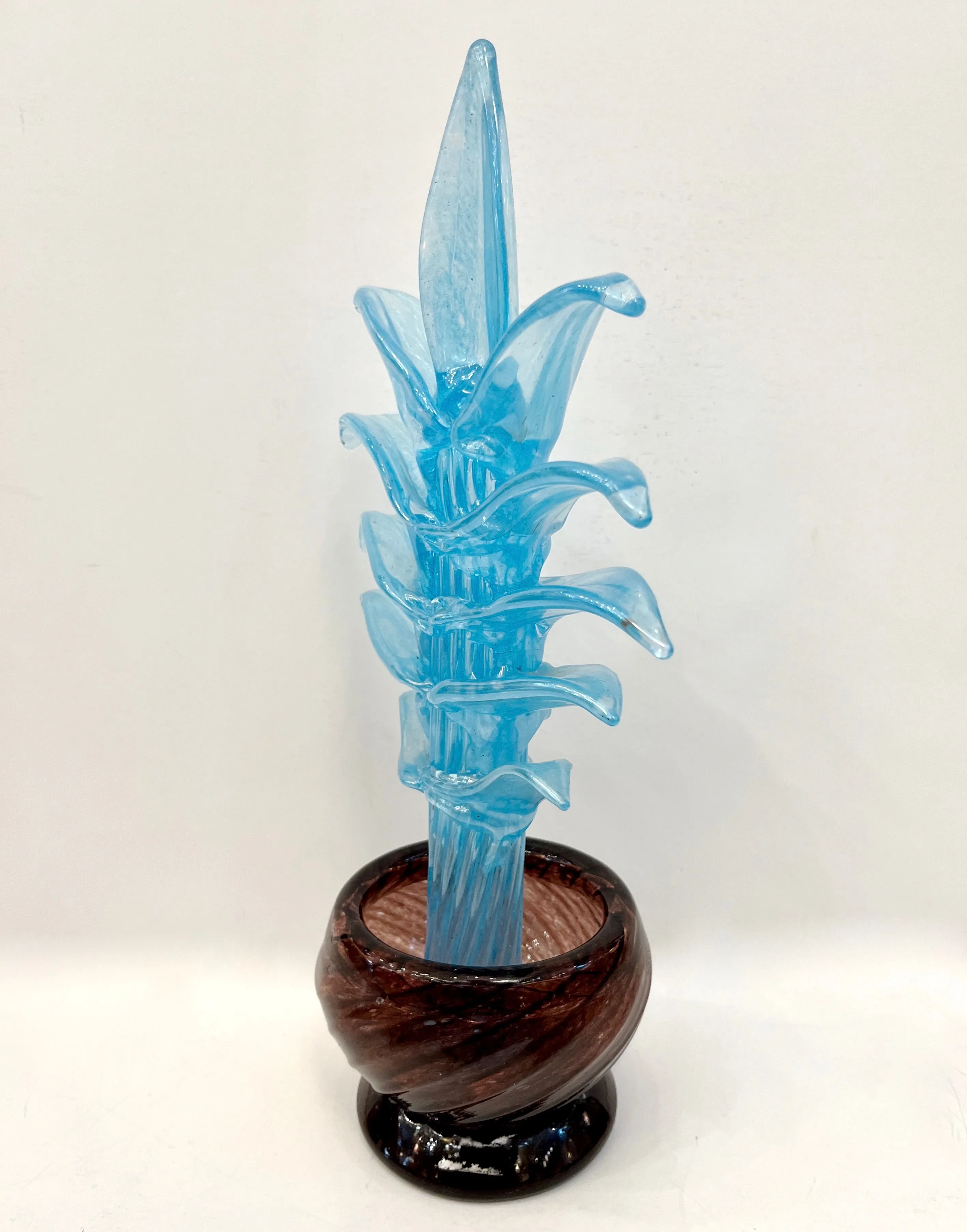 1990s Italian Sky Blue Leaves Murano Art Glass Cactus Plant in Purple Pot