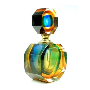 1990s Modern Italian Blue Green Amber Murano Glass Diamond Cut Perfume Bottle 