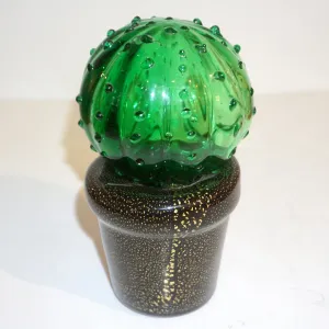 1990s Vintage Italian Green Murano Glass Small Cactus Plant in Black & Gold Pot 