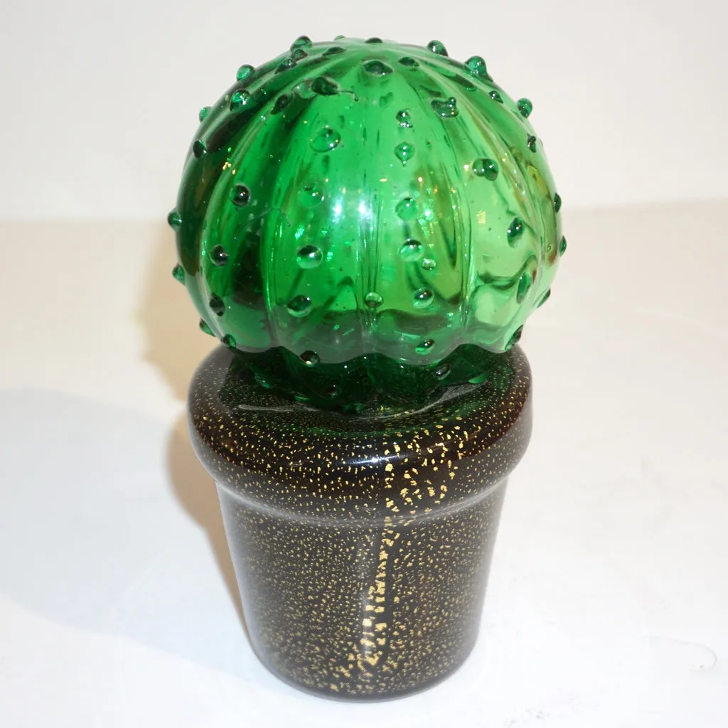 1990s Vintage Italian Green Murano Glass Small Cactus Plant in Black & Gold Pot 