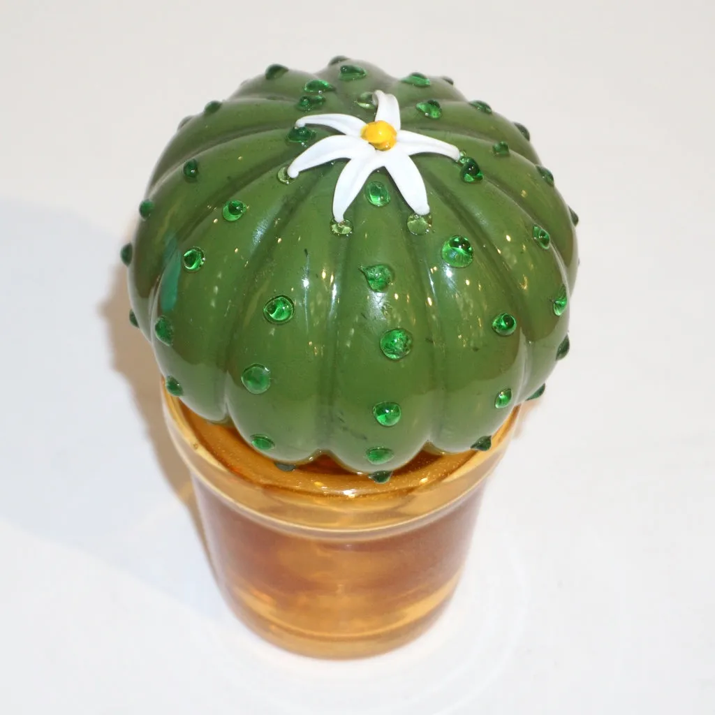 1990s Vintage Italian Green Murano Glass Small Cactus Plant with White Flower