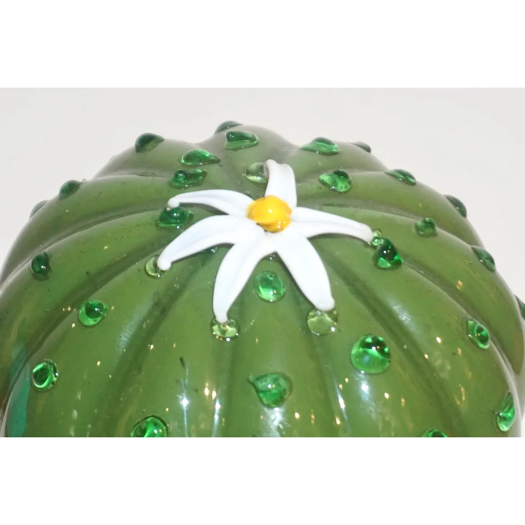 1990s Vintage Italian Green Murano Glass Small Cactus Plant with White Flower