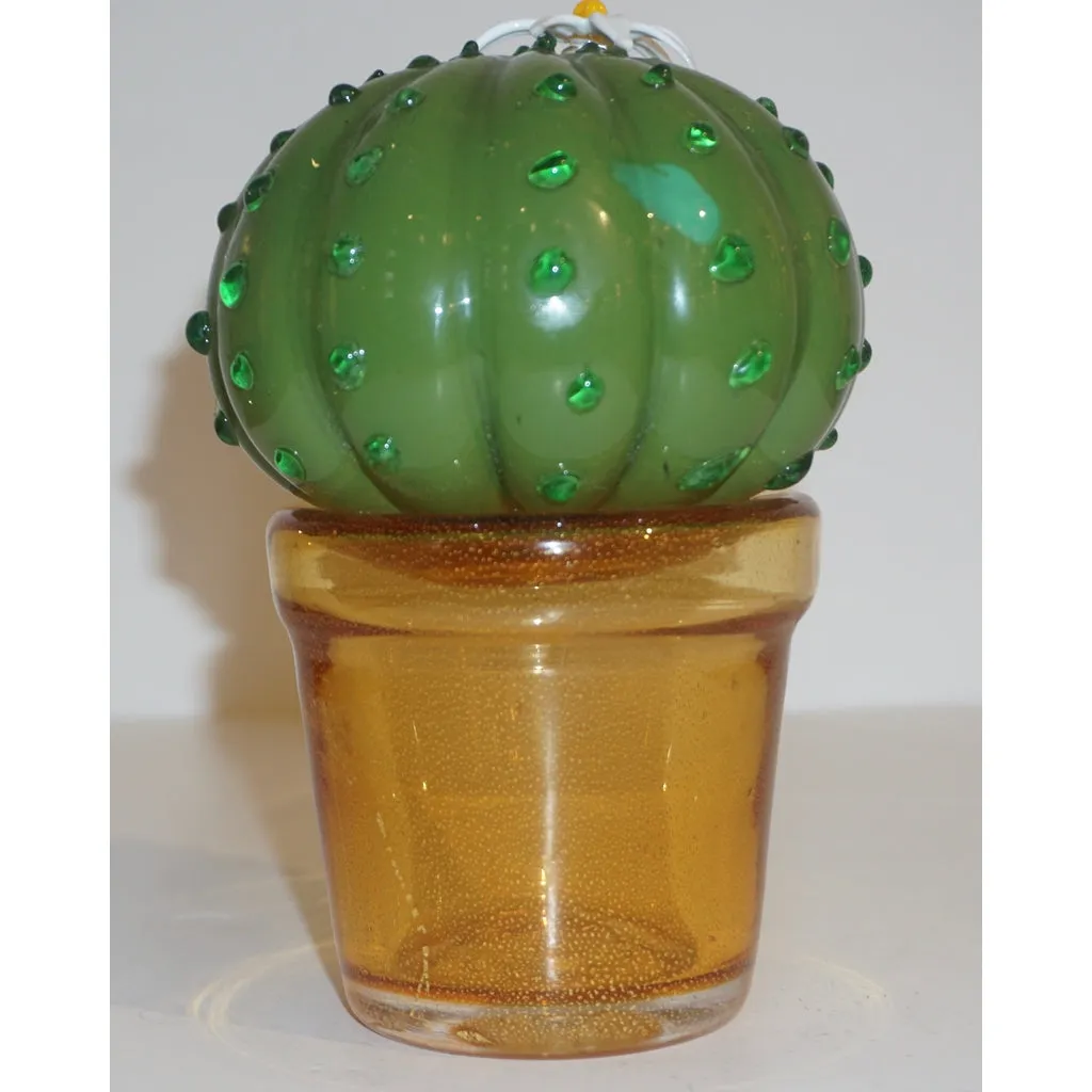 1990s Vintage Italian Green Murano Glass Small Cactus Plant with White Flower