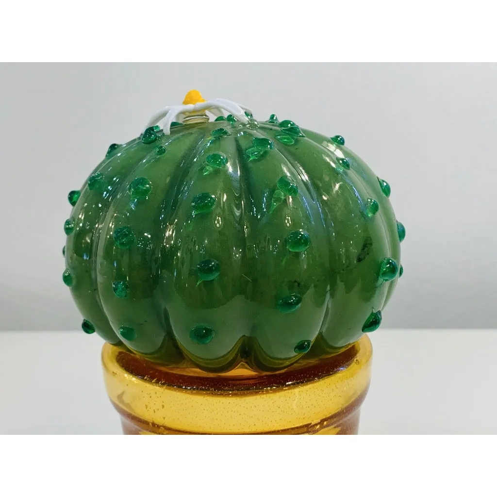 1990s Vintage Italian Green Murano Glass Small Cactus Plant with White Flower