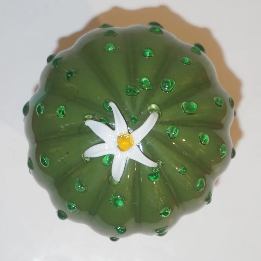 1990s Vintage Italian Green Murano Glass Small Cactus Plant with White Flower