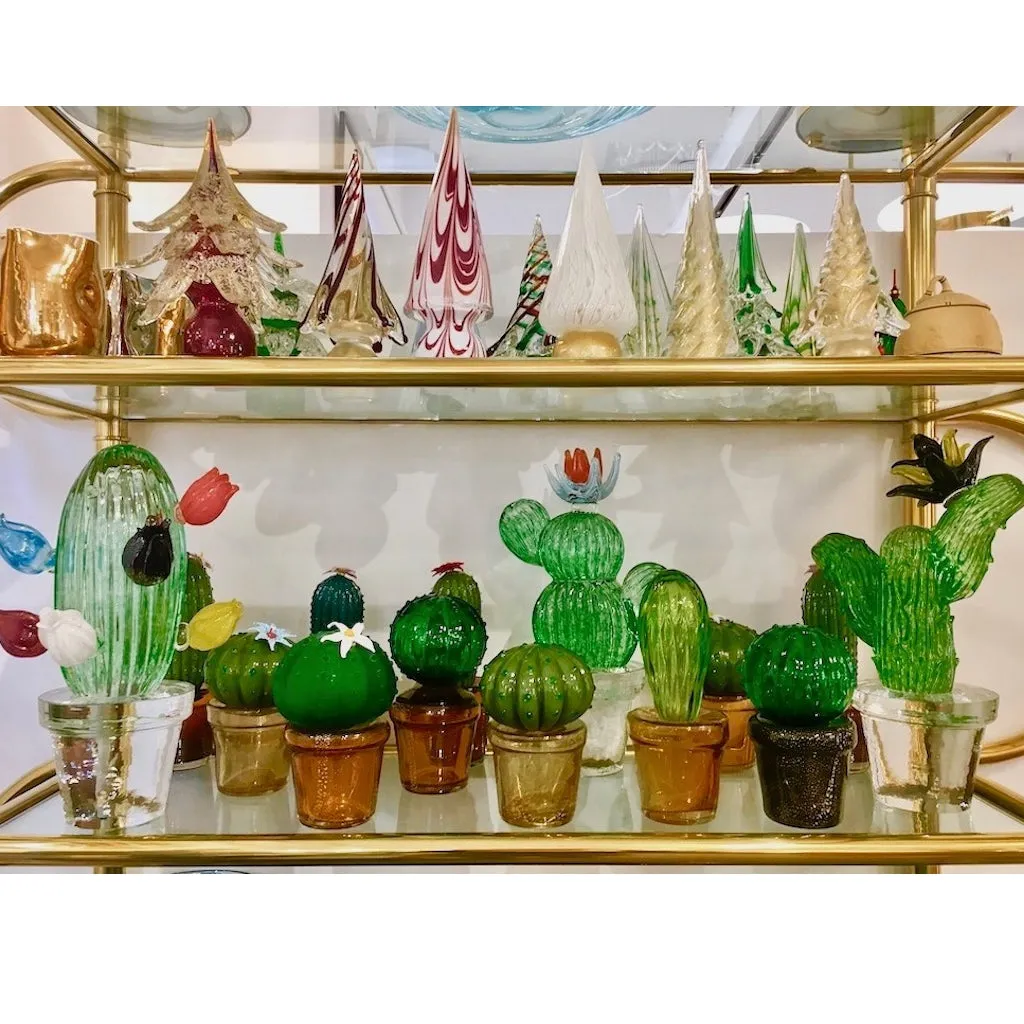 1990s Vintage Italian Green Murano Glass Small Cactus Plant with White Flower