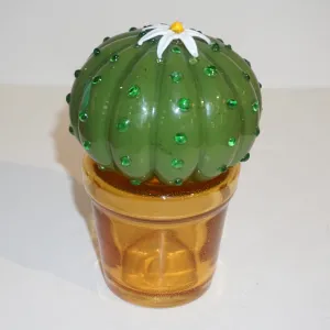 1990s Vintage Italian Green Murano Glass Small Cactus Plant with White Flower 