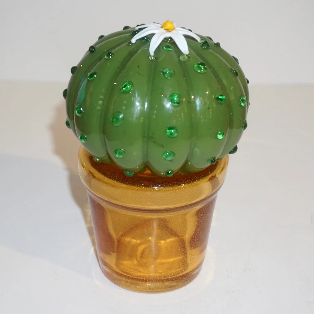 1990s Vintage Italian Green Murano Glass Small Cactus Plant with White Flower 